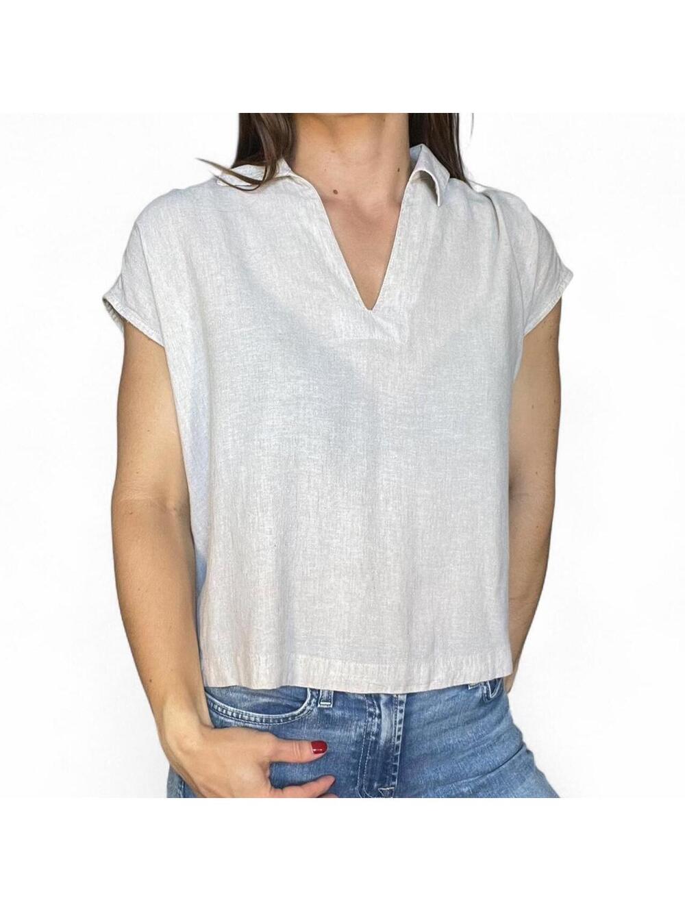 Old Navy Linen Blend Split Neck Top Beige Size Small